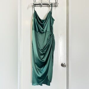 Satin Emerald Green Cowl Neck Ruched Details High Slit Dress
